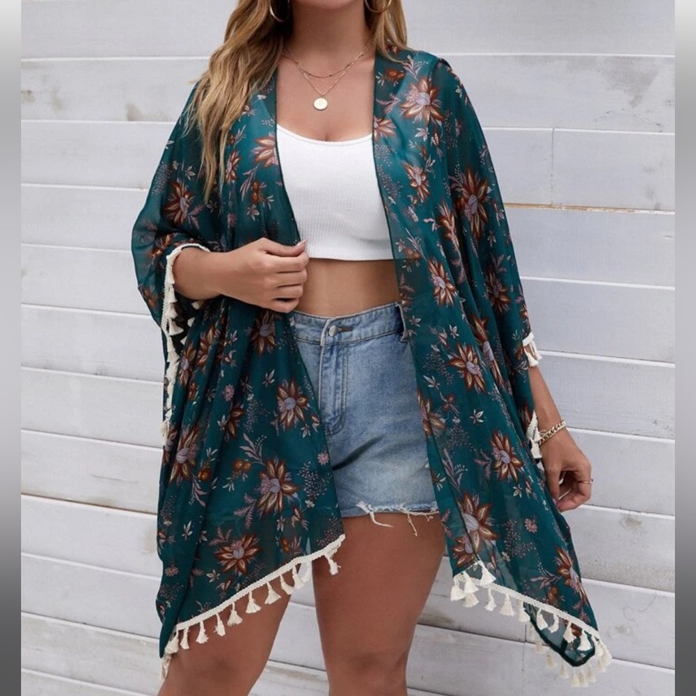 Green floral print Kimono/ cover up  with white tassel trim